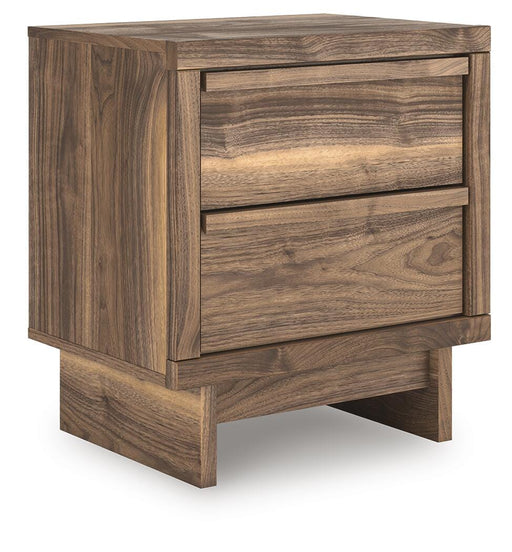 Ashley Furniture Chirason nightstand with a warm wood finish, featuring a single drawer and open shelf for bedroom storage.