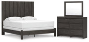 Ashley Furniture Fraluna bedroom set featuring a bed, matching nightstands, and dresser in a modern design with neutral finishes.