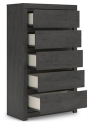 Open-angle view of Ashley Furniture Fraluna chest of drawers showing multiple drawers and wooden finish.