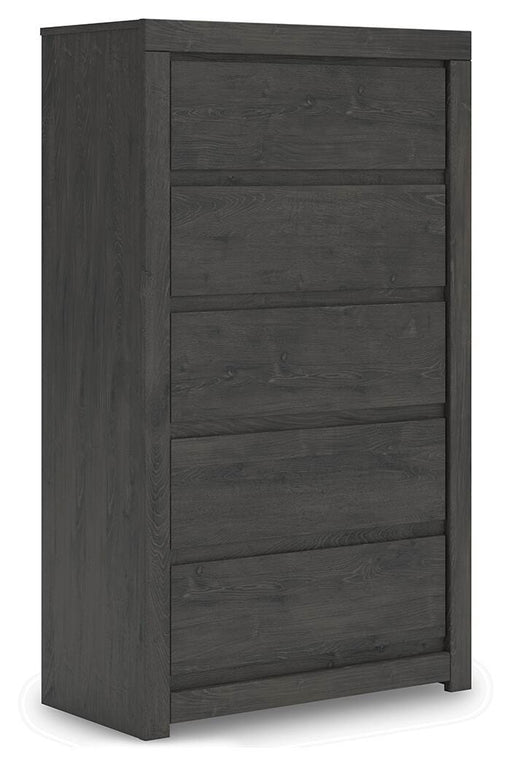 Ashley Furniture Fraluna chest of drawers with a sleek wood finish, shown from an angled side view.