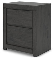 Ashley Furniture Fraluna bedroom set with a bed, matching nightstands, and dresser in a contemporary bedroom layout.