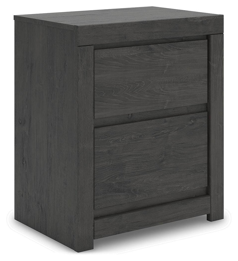 Ashley Furniture Fraluna Nightstand with a dark wood finish and modern design, shown from an angled side view.