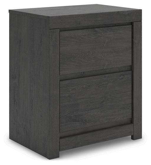 Ashley Furniture Fraluna Nightstand with a dark wood finish and modern design, shown from an angled side view.