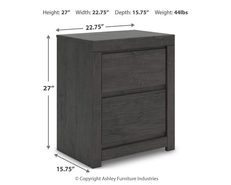 Ashley Furniture Fraluna bedroom set featuring a bed, nightstands, and dresser in a modern design with neutral tones.