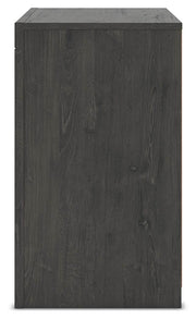 Ashley Furniture Fraluna nightstand with a dark wood finish and modern design, featuring a drawer and open shelf for bedside storage.