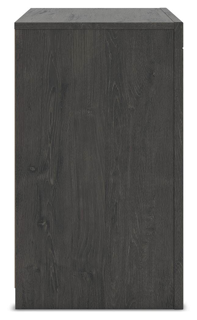 Ashley Furniture Fraluna nightstand with a dark wood finish and modern design, featuring a single drawer and open shelf.