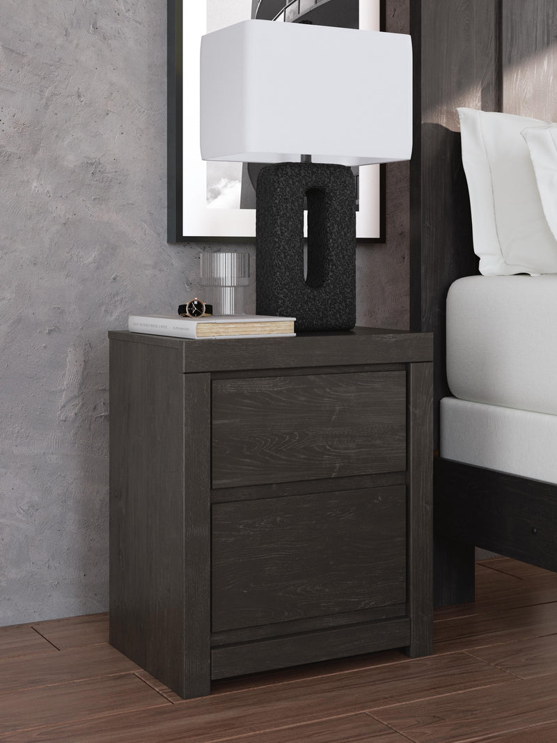Ashley Furniture Fraluna nightstand with a dark wood finish and sleek modern design, featuring a single drawer and open shelf.