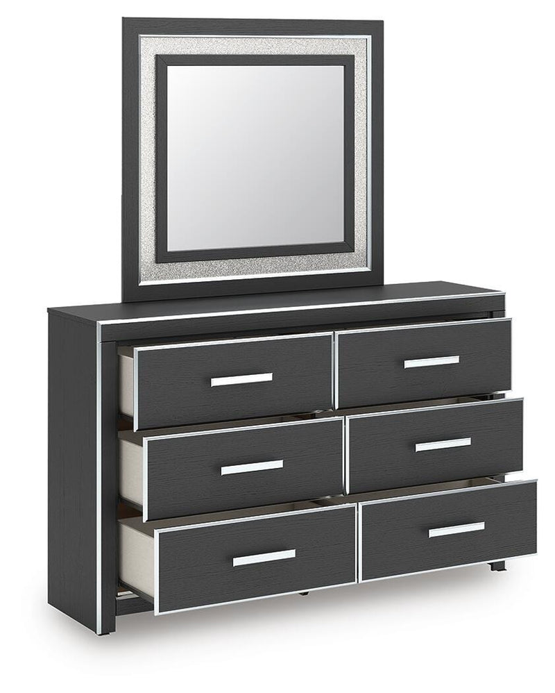 Ashley Furniture Zuraleus dresser and mirror set, showing the open dresser with mirror attached, in a modern bedroom setting.