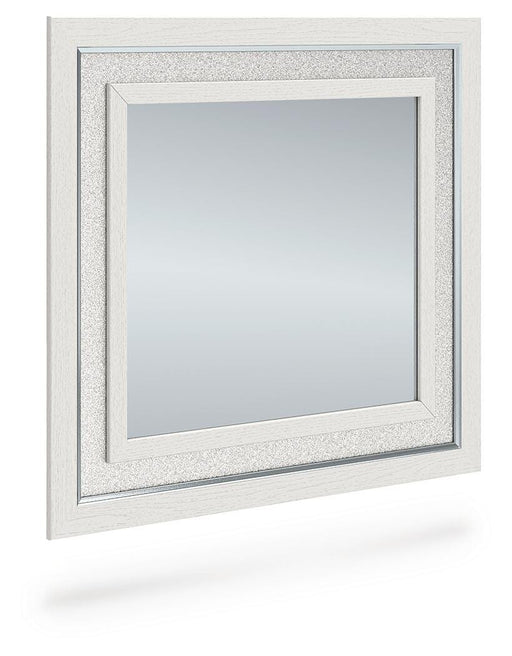 Ashley Furniture Zuraleus bedroom mirror shown from an angled side view, showcasing its sleek design and frame details.