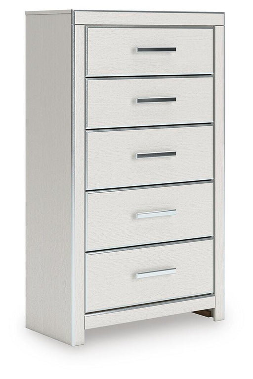 Ashley Furniture Zuraleus chest of drawers with a modern wooden design, angled view showcasing its sleek storage compartments.