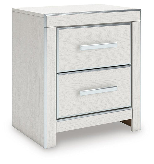 Ashley Furniture Zuraleus nightstand with a sleek wood finish and modern design, shown from an angled side view.