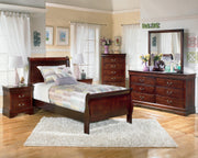 Ashley Furniture Alisdair Nightstand with dark wood finish, featuring a single drawer and open shelf for bedside storage.