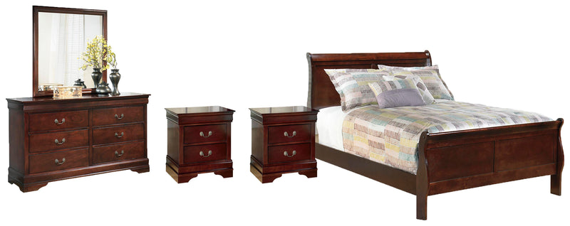 Ashley Furniture Alisdair bedroom set with a queen-sized bed, matching nightstands, dresser, and mirror in a modern design.