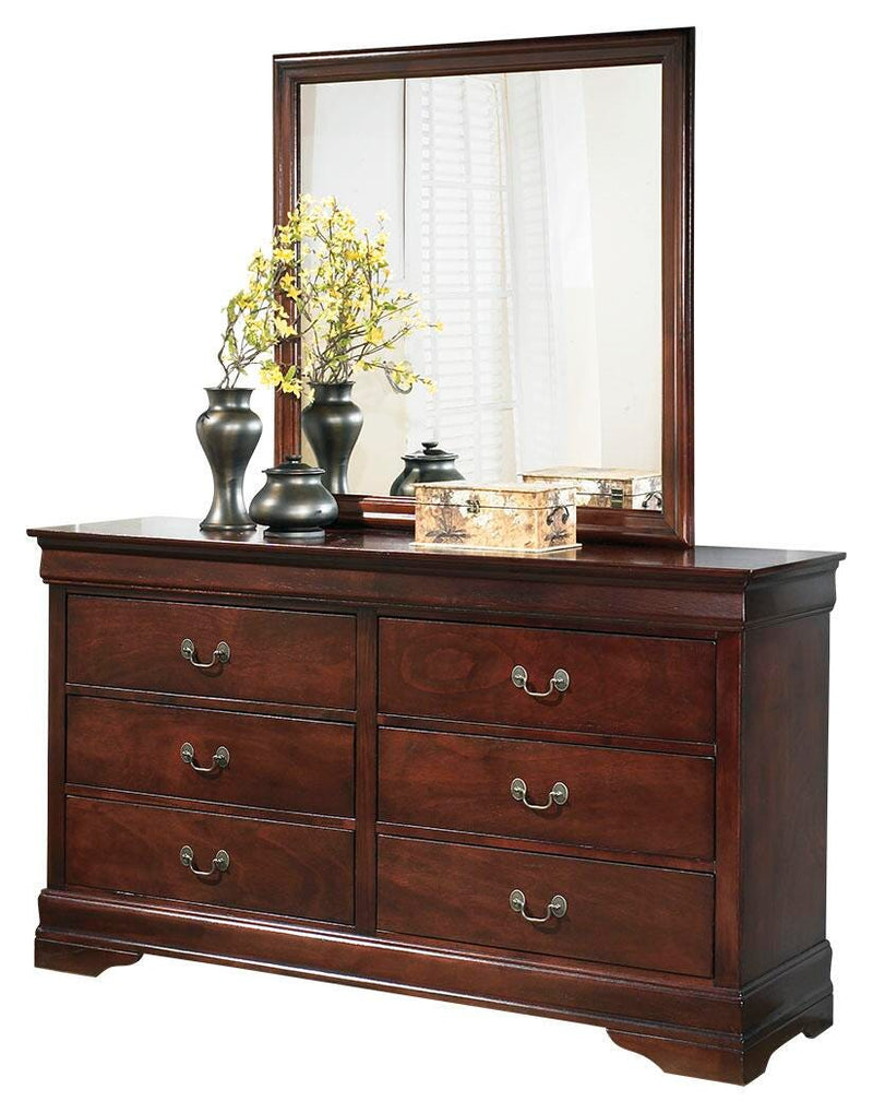 Ashley Furniture Alisdair dresser and mirror set with wooden finish, showcasing a spacious dresser and matching mirror in a modern bedroom scene.