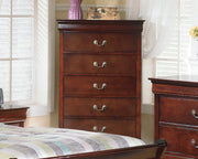 Ashley Furniture Alisdair chest of drawers with five spacious drawers and a dark wood finish, detailed close-up shot.