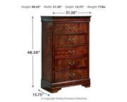 Ashley Furniture Alisdair chest of drawers with dark wood finish and modern design, featuring multiple drawers and sleek handles.