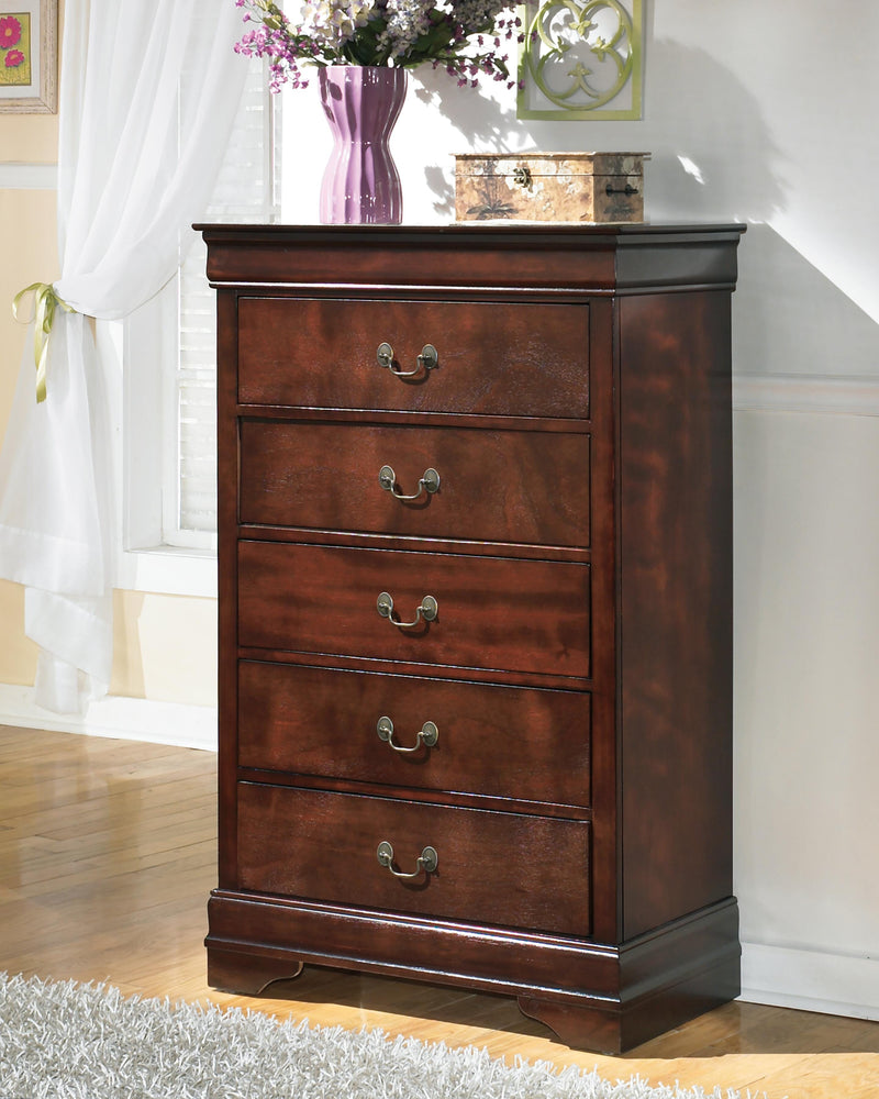 Ashley Furniture Alisdair chest of drawers, wooden storage chest with multiple drawers, in a classic bedroom furniture style.