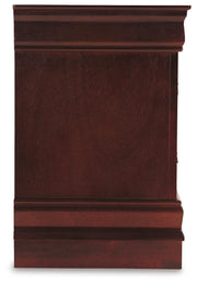 Ashley Furniture Alisdair Nightstand with a dark wood finish, featuring a drawer and open shelf for bedroom storage.