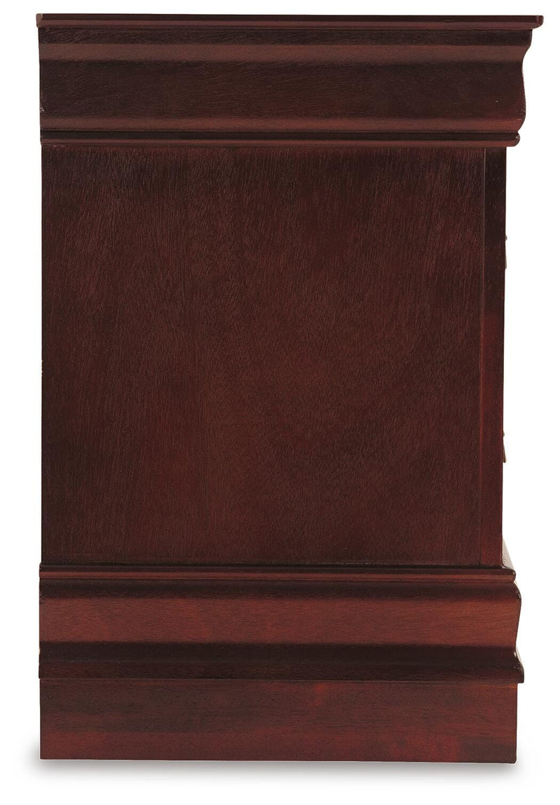 Ashley Furniture Alisdair Nightstand with a dark wood finish, featuring a drawer and open shelf for bedroom storage.