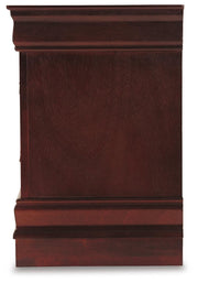 Ashley Furniture Alisdair nightstand with a dark wood finish and sleek modern design, featuring a drawer and open shelf.