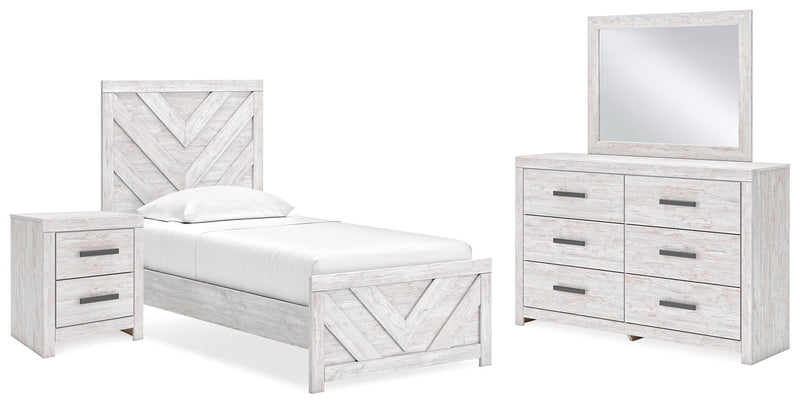 Ashley Furniture Cayboni bedroom set with a bed, dresser, and nightstands in a modern, stylish bedroom arrangement.