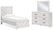 Ashley Furniture Cayboni bedroom set with modern bed frame, nightstands, and dresser in a stylish bedroom scene.