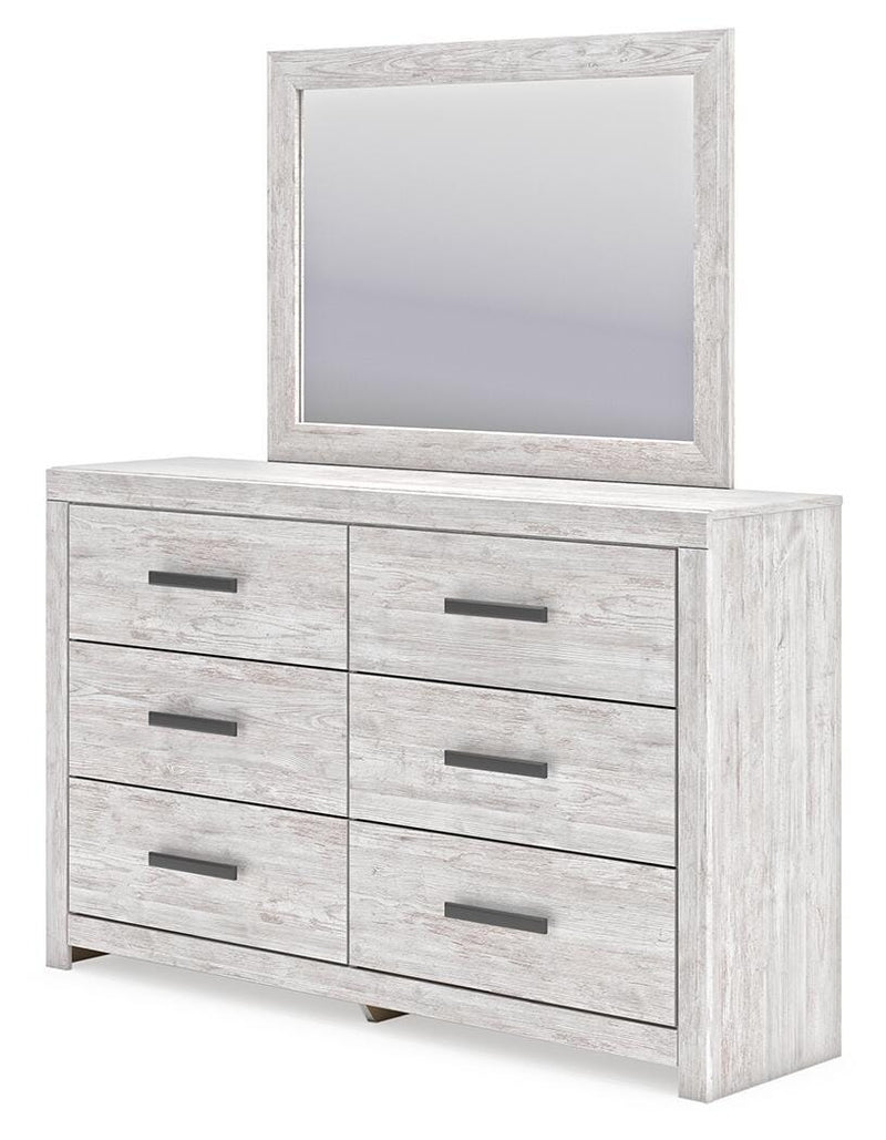 Ashley Furniture Cayboni bedroom set with a modern bed frame, matching nightstands, and dresser, styled in a contemporary bedroom scene.