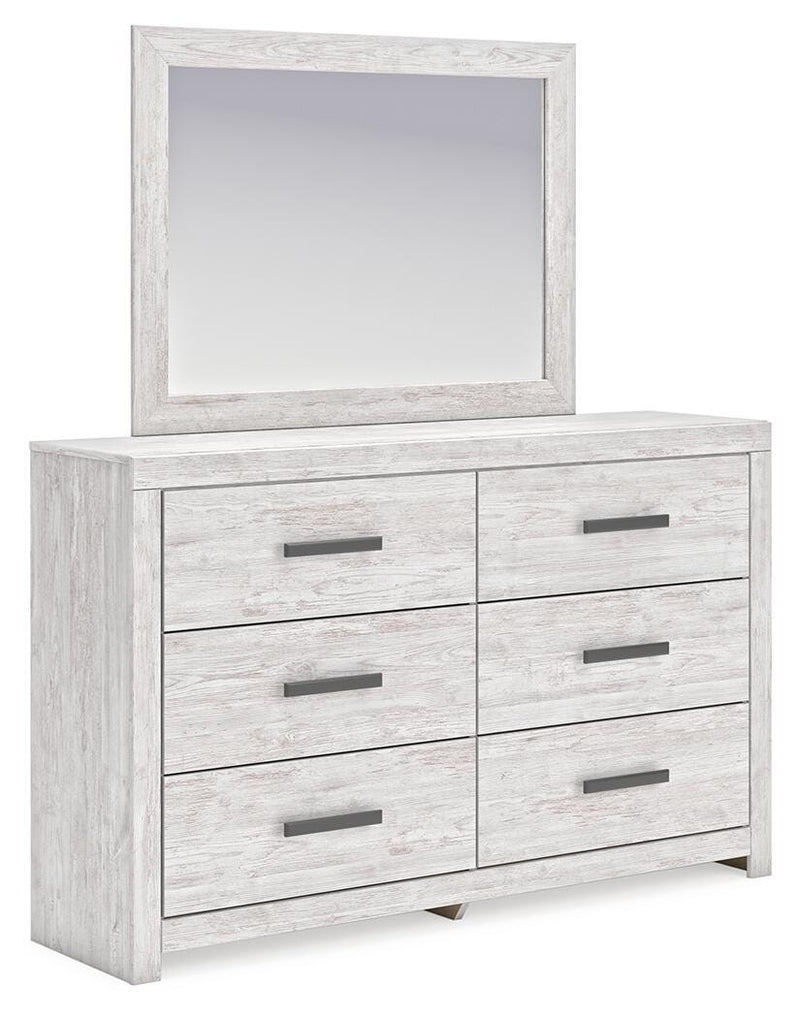 Ashley Furniture Cayboni dresser and mirror set with a sleek wooden finish and modern design, shown from an angled side view.