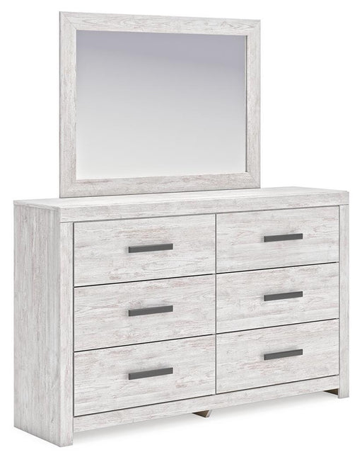 Ashley Furniture Cayboni dresser and mirror set with a sleek wooden finish and modern design, shown from an angled side view.