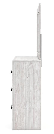Ashley Furniture Cayboni dresser with attached mirror, showcasing wood finish and modern design in a bedroom setting.