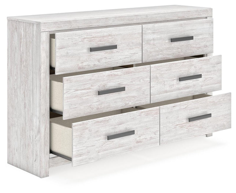 Ashley Furniture Cayboni dresser with open drawers showing spacious storage and a modern wood finish.