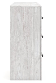 Ashley Furniture Cayboni dresser with multiple drawers and a warm wood finish, shown from a side angle.