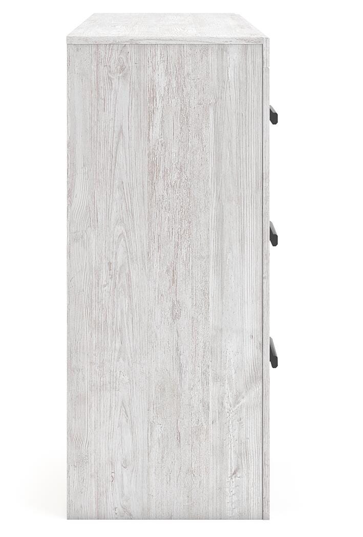 Ashley Furniture Cayboni dresser with multiple drawers and a warm wood finish, shown from a side angle.