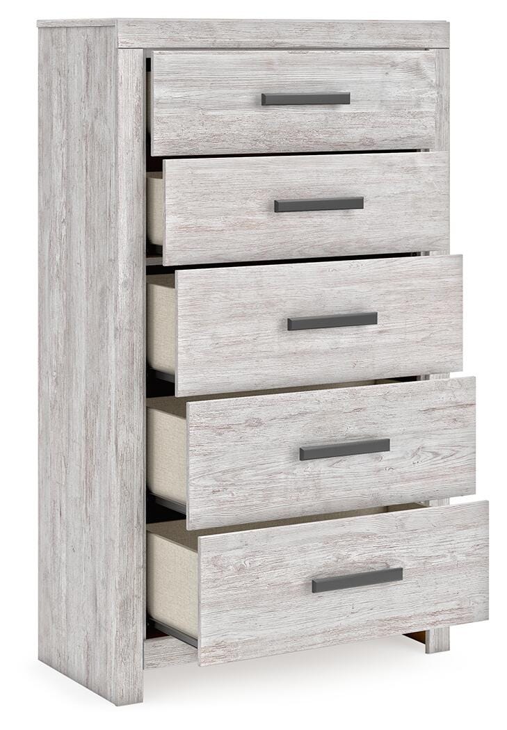 Ashley Furniture Cayboni chest of drawers with open top drawer, showcasing modern wooden design and ample storage space.