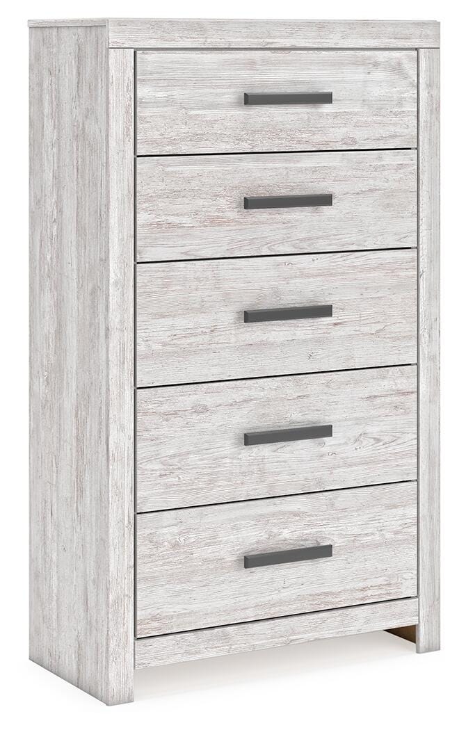 Ashley Furniture Cayboni chest of drawers, angled view showing wood finish and multiple storage drawers.