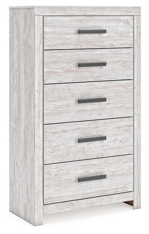 Ashley Furniture Cayboni chest of drawers, angled view showing wood finish and multiple storage drawers.