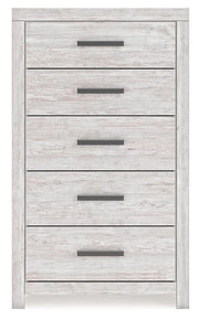Ashley Furniture Cayboni chest of drawers with a sleek wooden finish and multiple storage drawers, shown from a front head-on view.