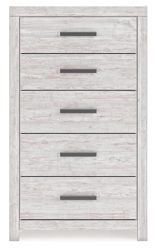 Ashley Furniture Cayboni chest of drawers with a sleek wooden finish and multiple storage drawers, shown from a front head-on view.