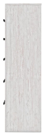 Ashley Furniture Cayboni chest of drawers with a dark wood finish and sleek metal handles, showing the side view of the storage unit.