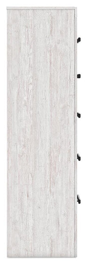 Ashley Furniture Cayboni chest of drawers with a sleek wood finish and multiple storage drawers, shown from a side angle.