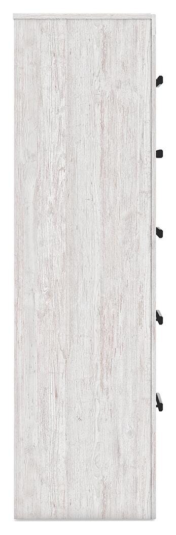 Ashley Furniture Cayboni chest of drawers with a sleek wood finish and multiple storage drawers, shown from a side angle.