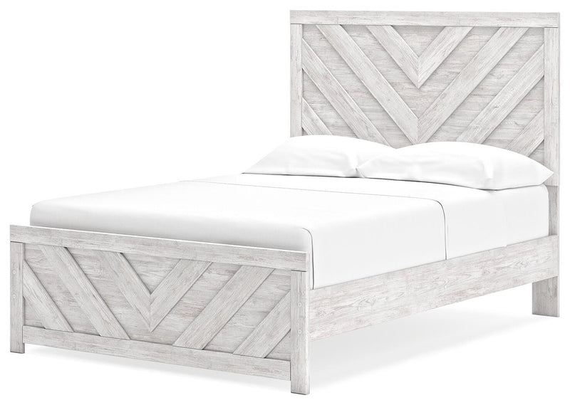 Ashley Furniture Cayboni bedroom set with a modern bed, nightstands, and dresser shown from an angled view.