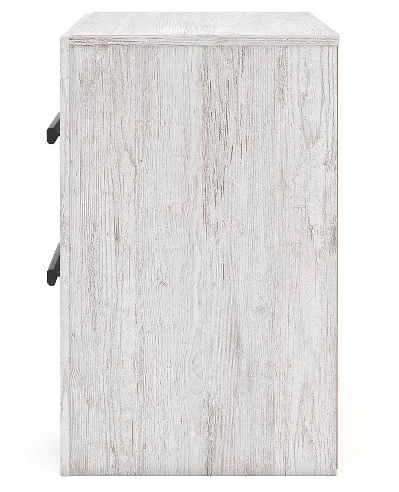 Ashley Furniture Cayboni nightstand with a dark wood finish and modern design, featuring a single drawer and open shelf.