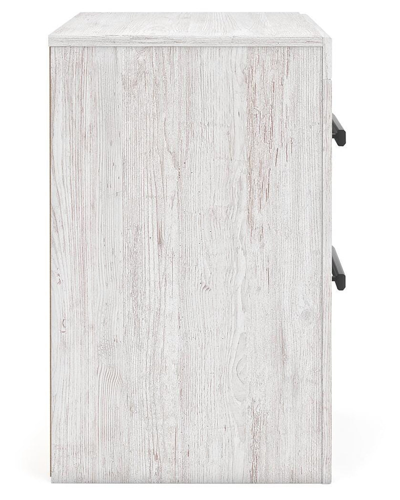 Ashley Furniture Cayboni nightstand with a dark wood finish and modern design, featuring a single drawer and open shelf.
