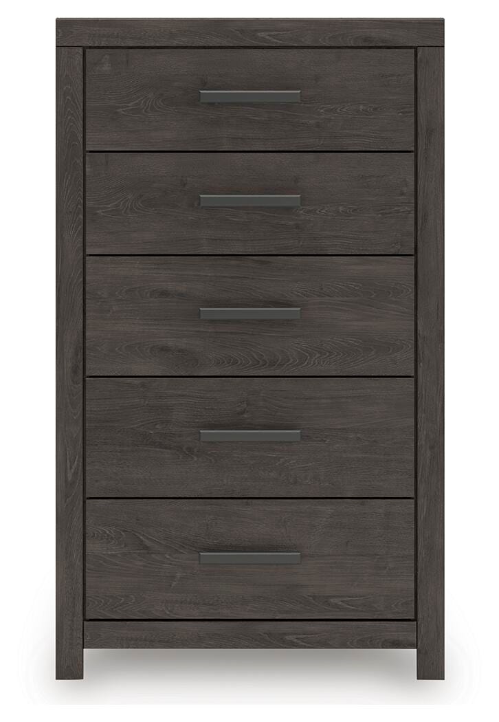 Ashley Furniture Prendonea chest of drawers showing a sleek wooden chest with multiple drawers and modern design.