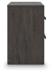 Ashley Furniture Prendonea nightstand with a dark wood finish and sleek modern design, featuring a single drawer and open shelf.