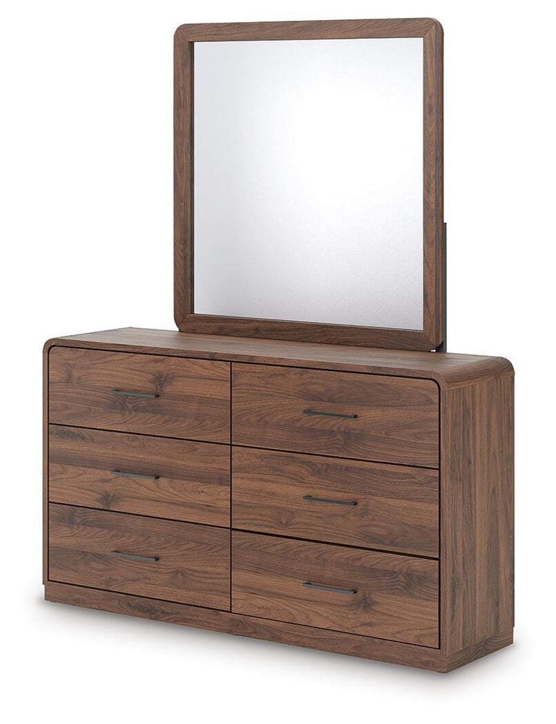 Ashley Furniture Fortlorn dresser and mirror set with sleek wood finish, shown from an angled side view.