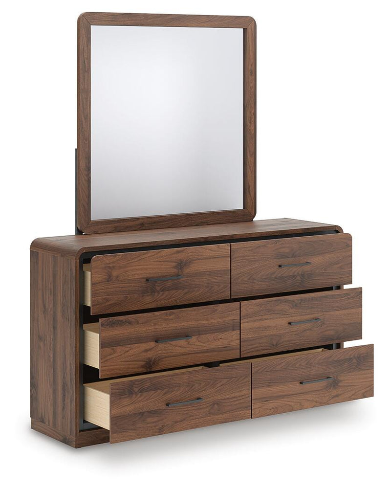 Ashley Furniture Fortlorn dresser and mirror set with open drawers, showcasing a stylish wooden dresser and matching mirror.