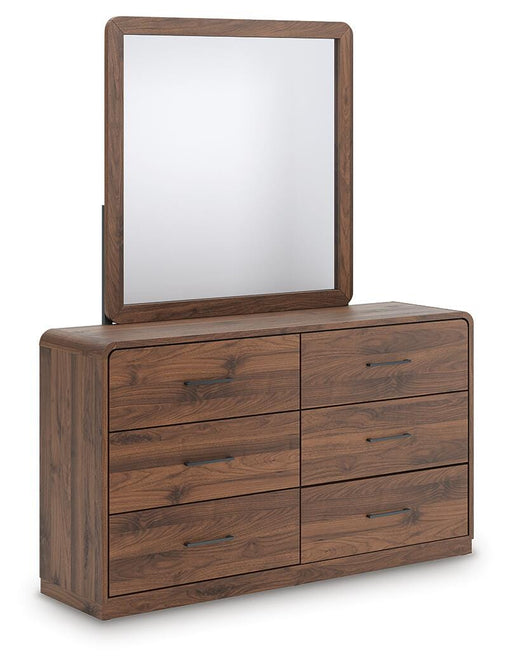 Ashley Furniture Fortlorn dresser with mirror, featuring a sleek wooden finish and modern design, shown from an angled side view.