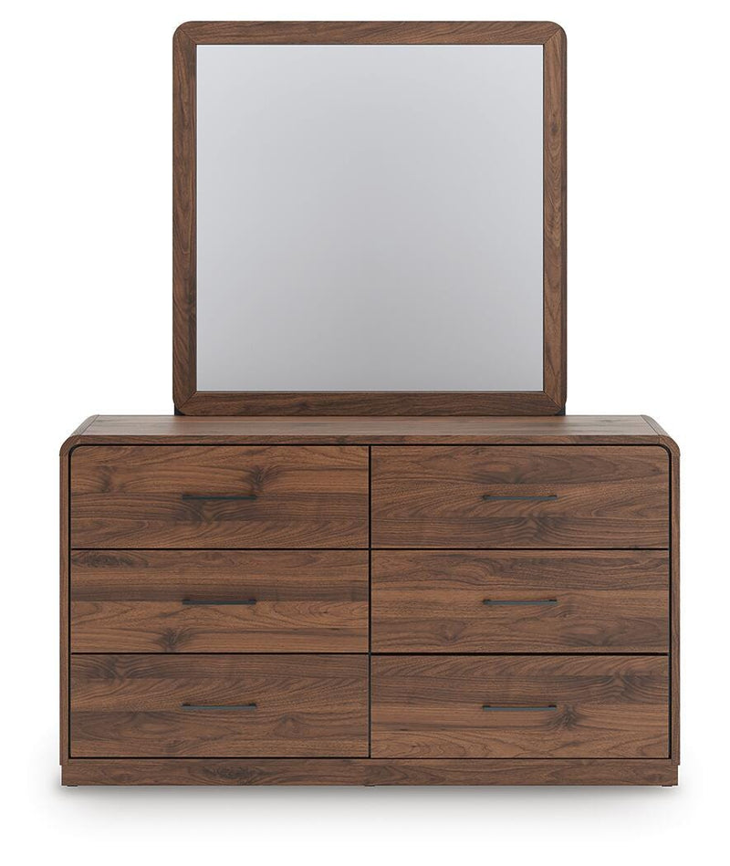 Ashley Furniture Fortlorn dresser and mirror set featuring a sleek wooden dresser with a matching mirror, stylish and functional bedroom furniture.